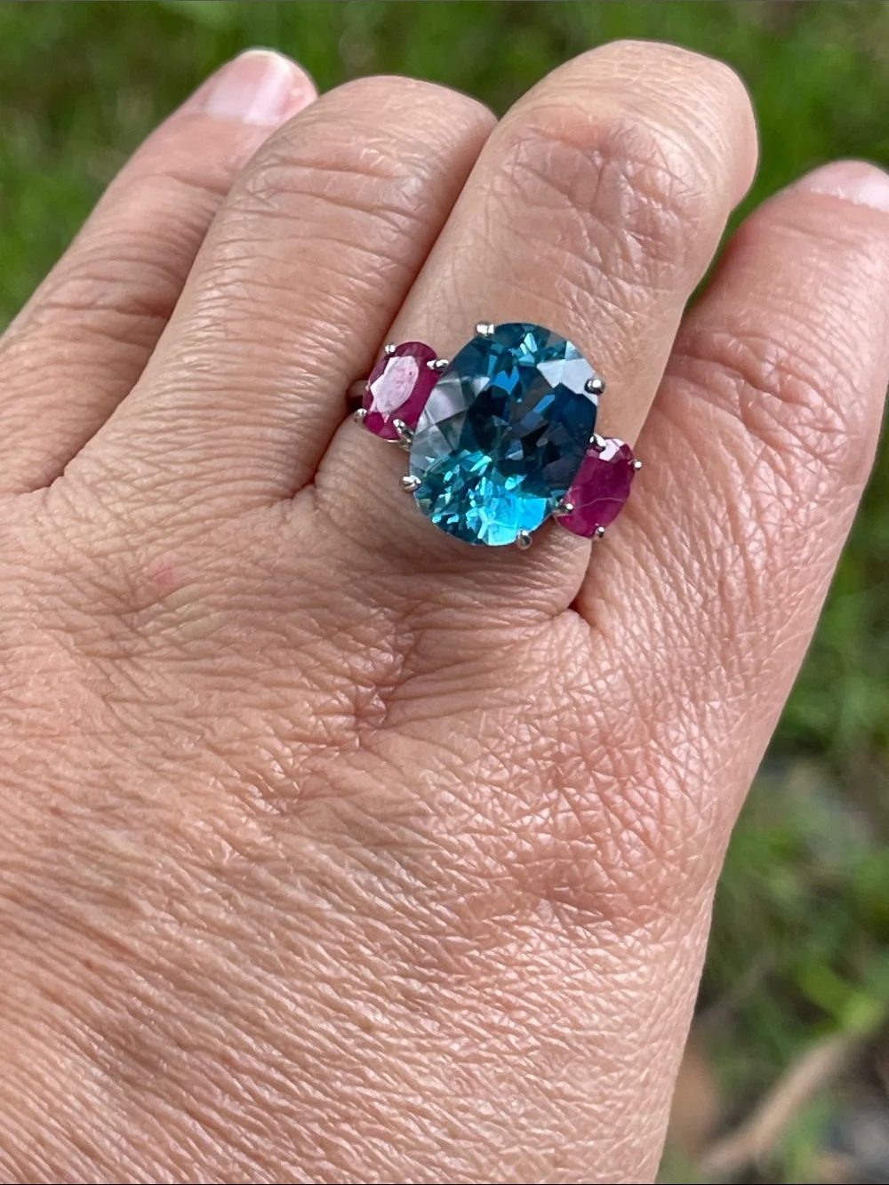 Large Natural Blue Topaz 15x11mm & Ruby Ring in 925 Sterling Silver Size 7